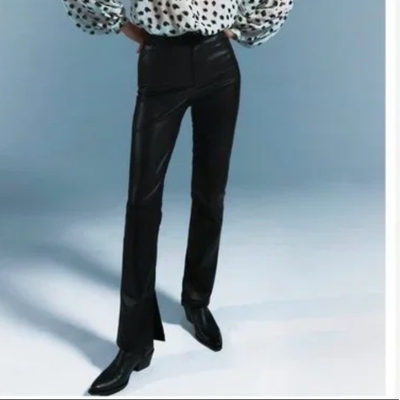 Zara Pants - NWT Zara Faux Black Leather Wide leg split ankle pants size 14